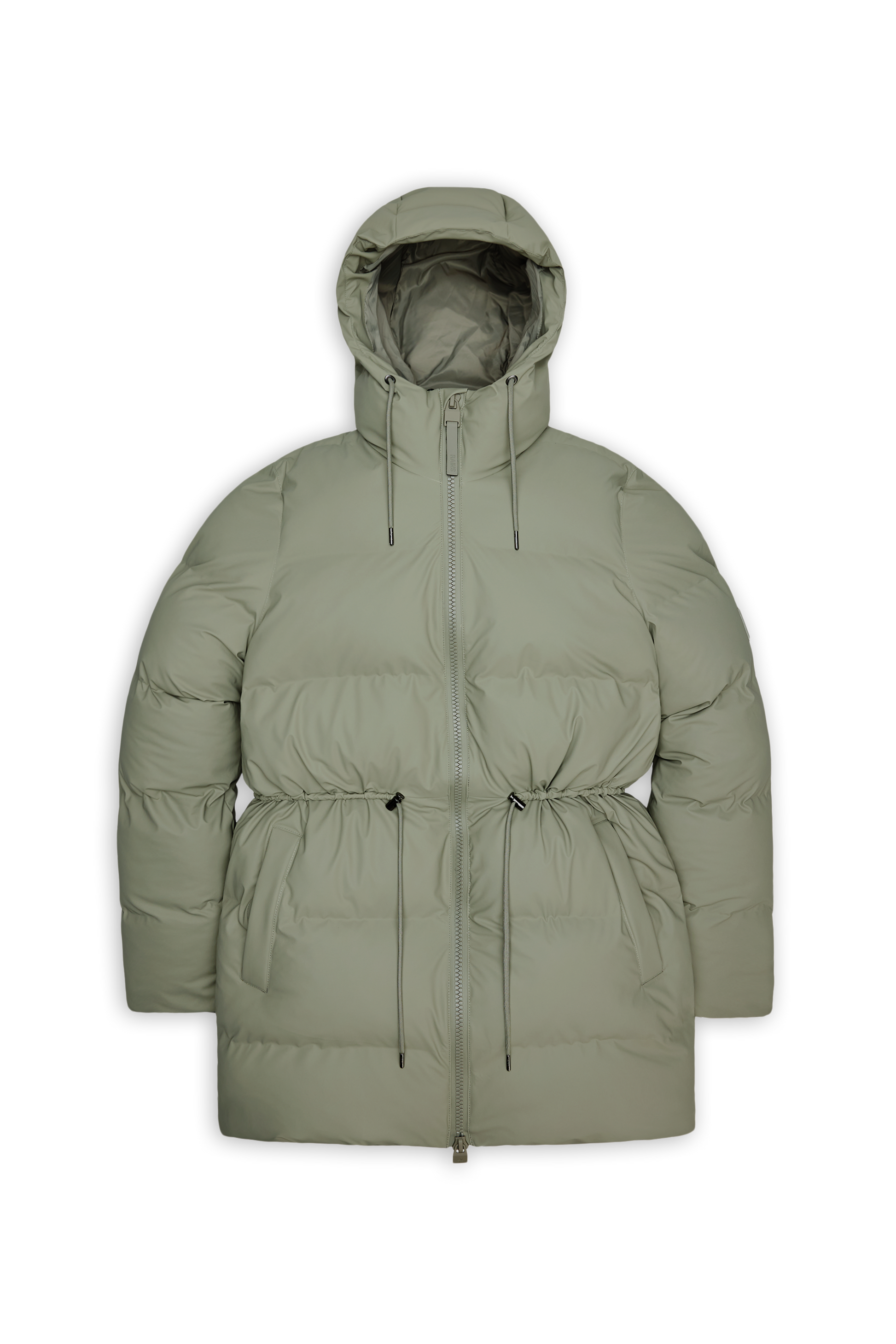 The Alta Long Puffer String Jacket - Drift by Rains is a light gray padded jacket featuring an insulated hood, front zipper, two large pockets, and adjustable drawstrings at the waist and hood for added warmth.