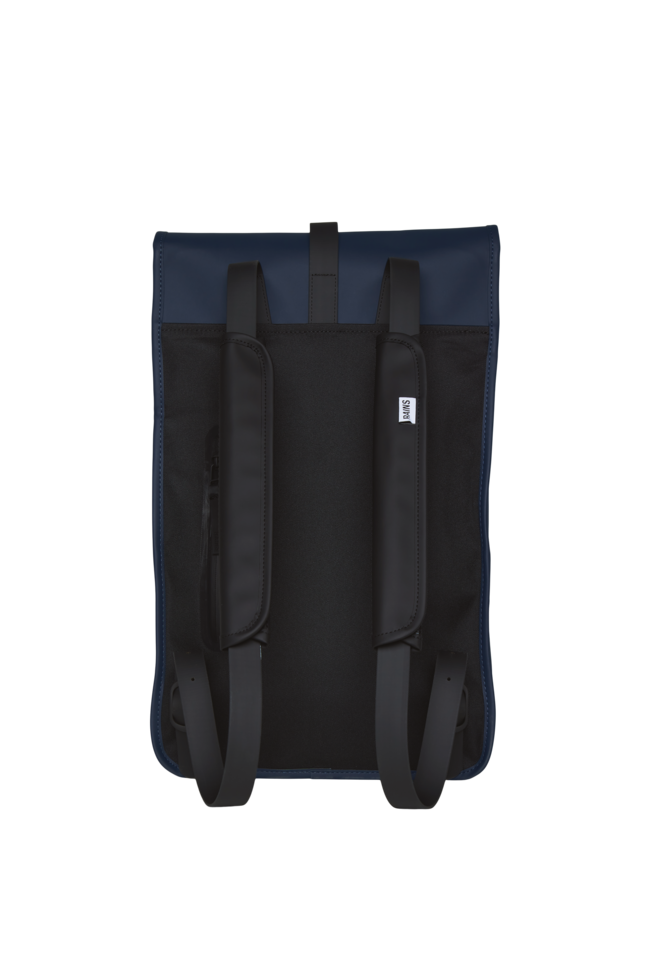 Example of how the Black padded rains straps for Rains bags look on a rains rucksack - white background 
