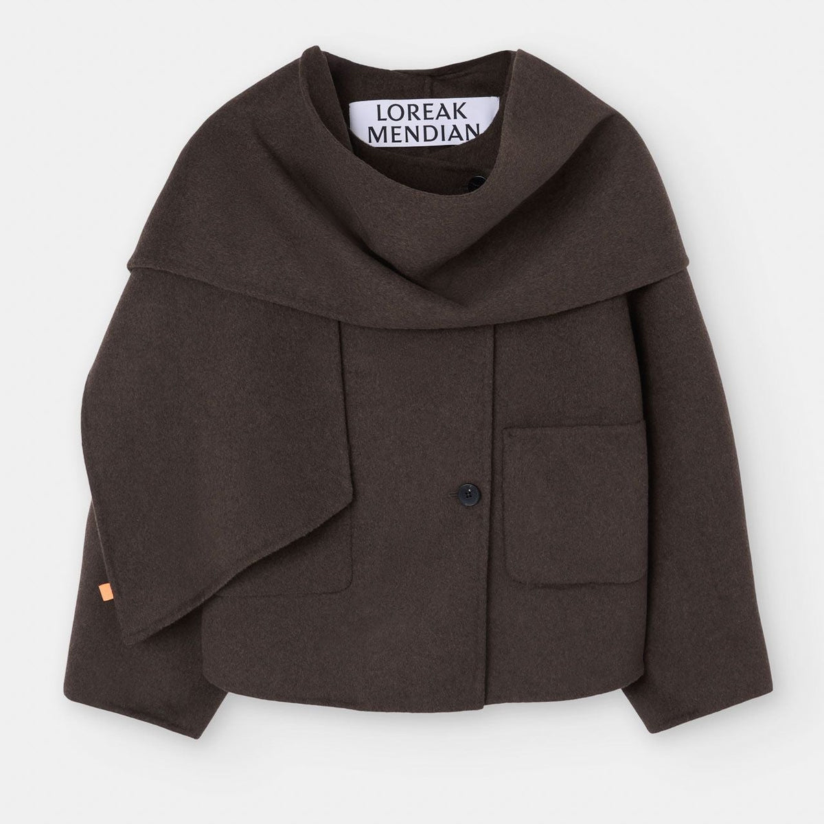 A dark brown cowl-neck wrap jacket by LOREAK MENDIAN, featuring a single front button and flap pockets, displayed flat against a light gray background.