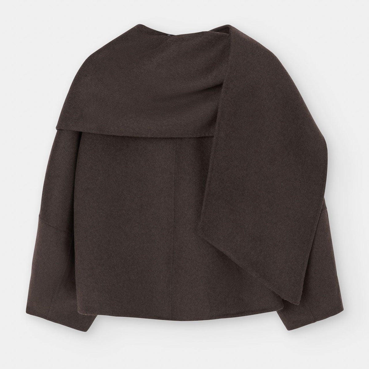 A dark brown draped wrap jacket with long sleeves, displayed flat against a light gray background.