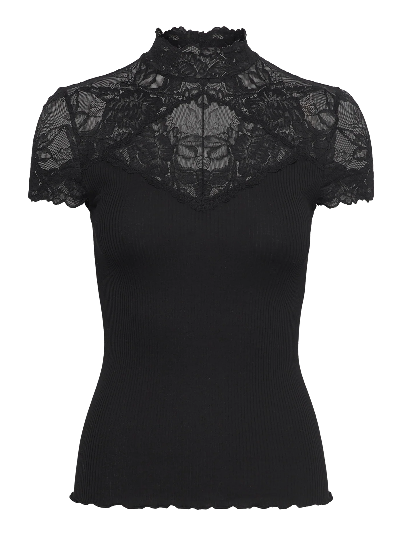 The Rosemunde Beatha Silk Capsleeve Lace T-Shirt in black features an elegant ribbed bodice with sheer lace detailing across the upper chest, shoulders, and high neckline, perfectly capturing the timeless appeal of a classic lace blouse.