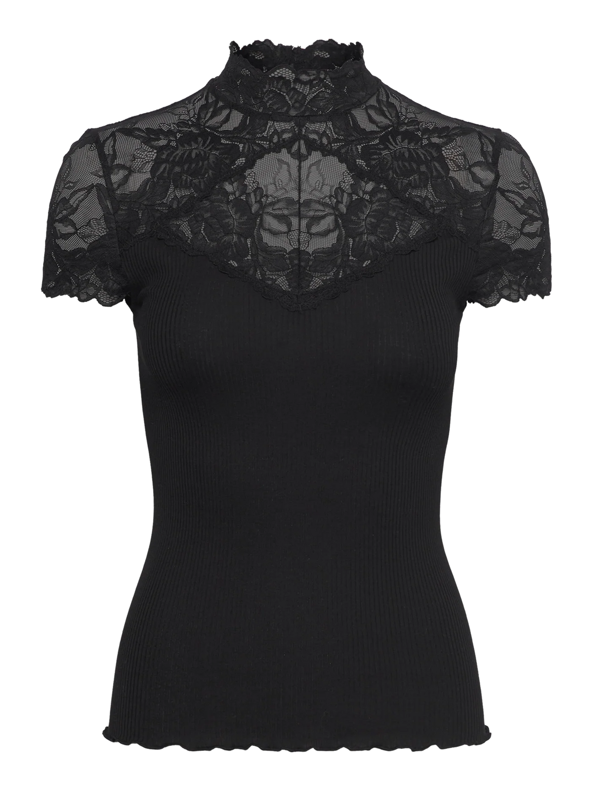 The Rosemunde Beatha Silk Capsleeve Lace T-Shirt in black features an elegant ribbed bodice with sheer lace detailing across the upper chest, shoulders, and high neckline, perfectly capturing the timeless appeal of a classic lace blouse.