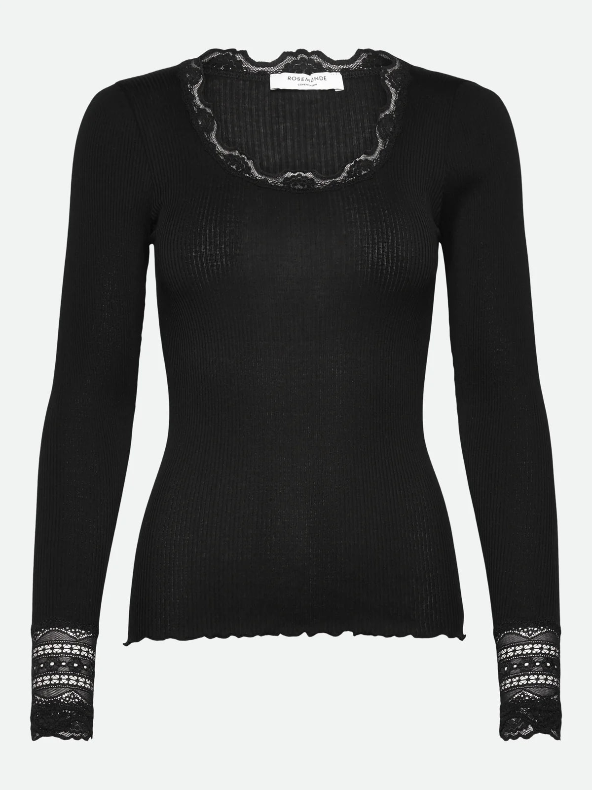 The Rosemunde Long-Sleeve Silk Lace Top in black is crafted from a luxurious silk and cotton blend. This slim-fitting style features delicate lace trim along the neckline and cuffs, with subtle scalloped edges for a refined, elegant finish.