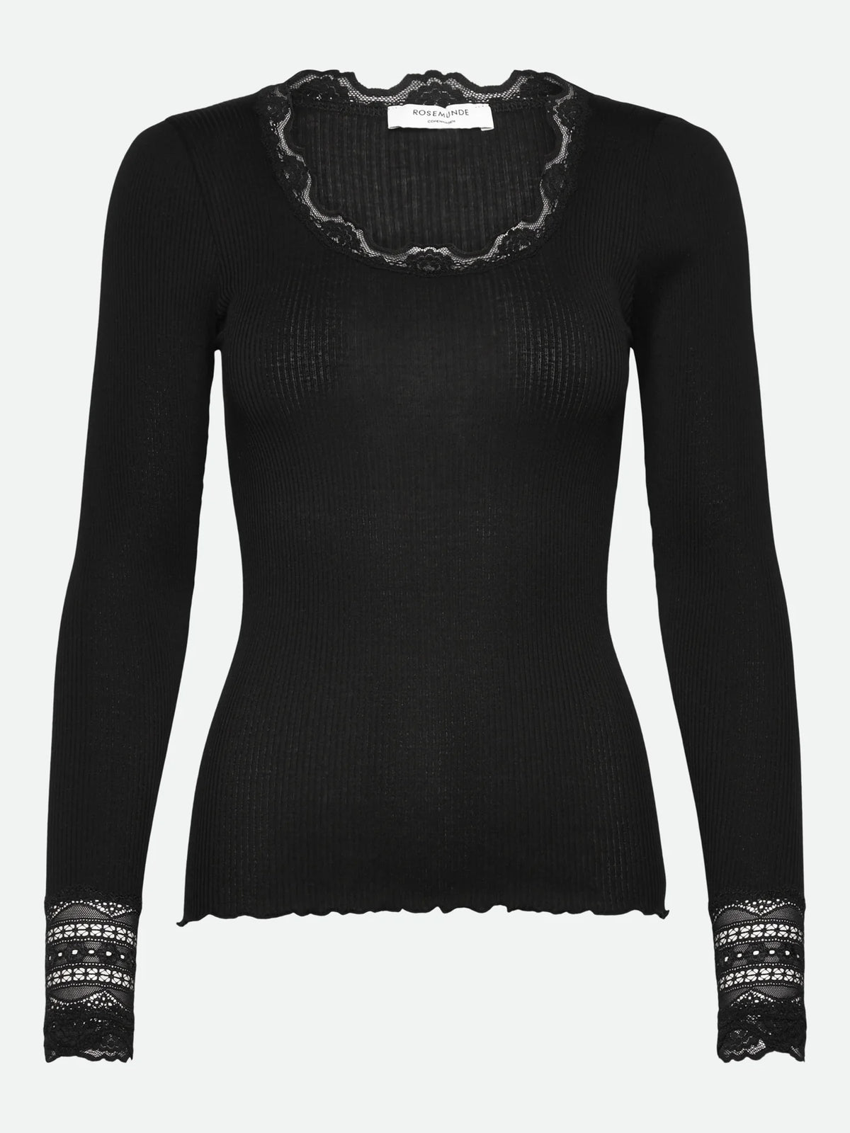 The Rosemunde Benita Silk Long Sleeve O-neck Lace T-shirt in black features a ribbed, slim-fit design with elegant lace trim at the collar and cuffs, showcased against a plain background.