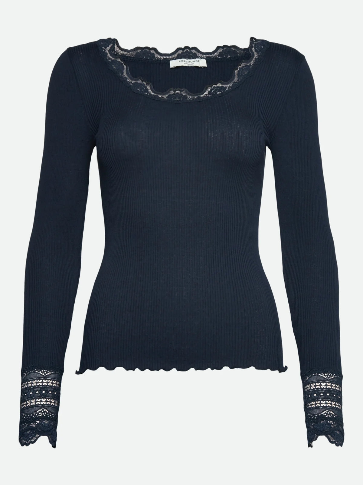 The Benita Silk Long Sleeve O-neck Lace T-shirt by Rosemunde, shown here in navy blue, features a slim fit with ribbed knit fabric and delicate lace trim adorning the neckline and cuffs. The blouse is presented against a plain background.