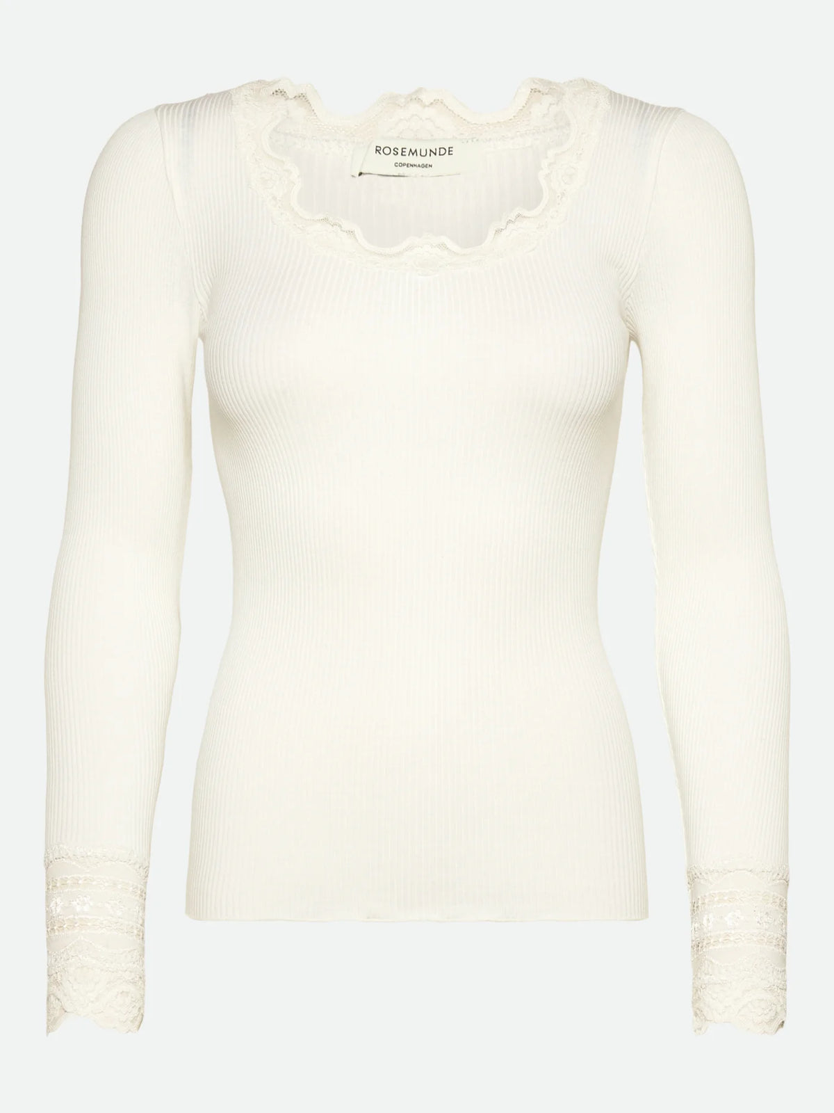 The Benita Silk Long Sleeve O-neck Lace T-shirt by Rosemunde, shown here in white, features a slim-fit silhouette with ribbed texture and delicate lace trim on the neckline and cuffs, set against a plain background.