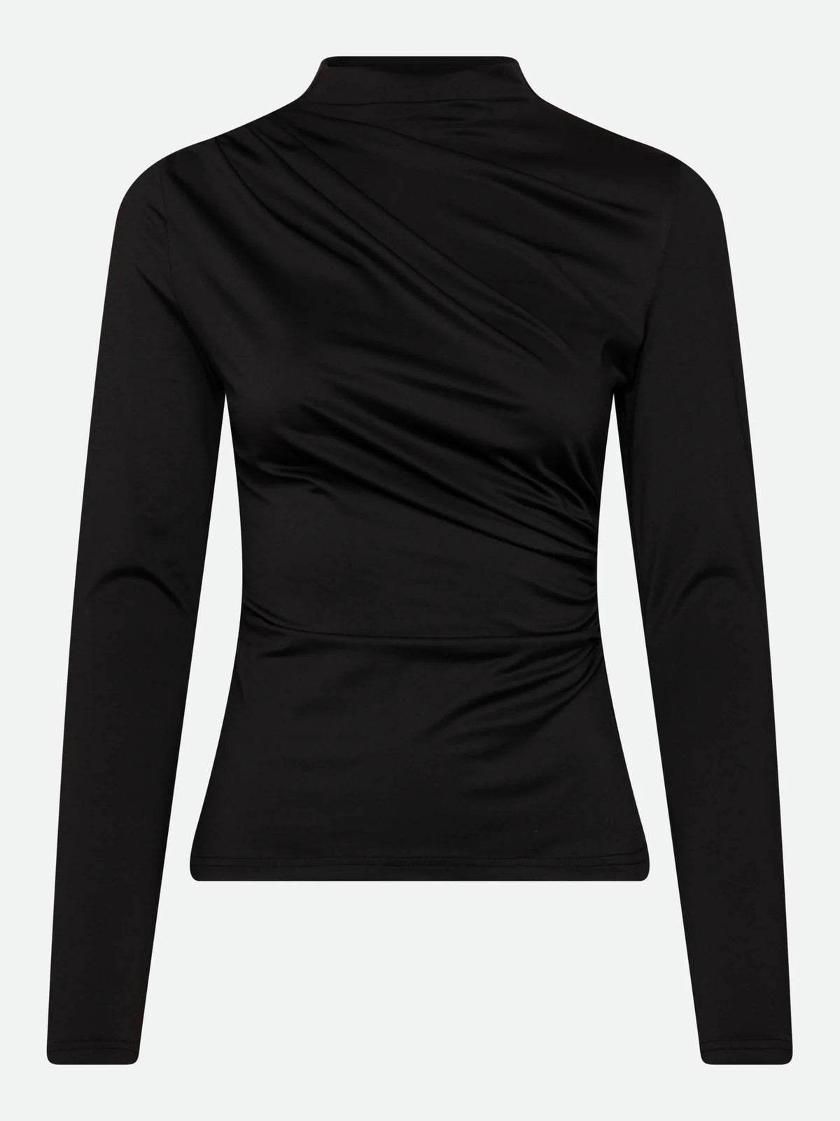 Rosemunde’s Bridget Long Sleeve Turtleneck T-shirt in black features a slim-fit silhouette with a high neckline and subtle ruched detailing across the bodice—an ideal choice for elevating your women’s workwear wardrobe. Displayed on a plain background.