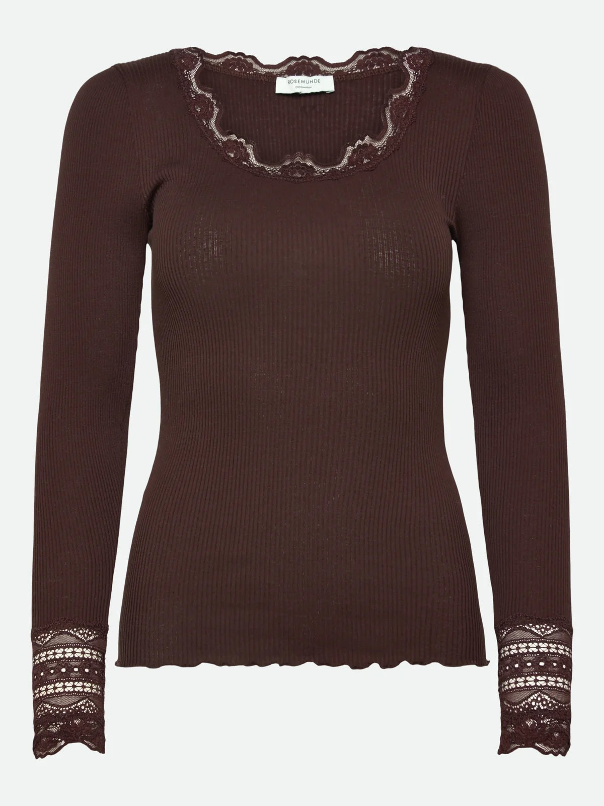 The Rosemunde Long-Sleeve Silk Lace Top in rich brown is a slim-fitting style, expertly crafted from a luxurious silk and cotton blend with delicate lace detailing on the neckline and cuffs, shown here against a plain white background.