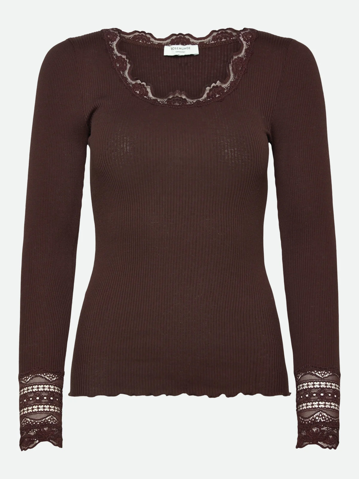 Benita Silk Long Sleeve O-neck Lace T-shirt by Rosemunde in brown, featuring a slim-fit ribbed design with delicate lace trim at the neckline and cuffs, shown against a plain white background.