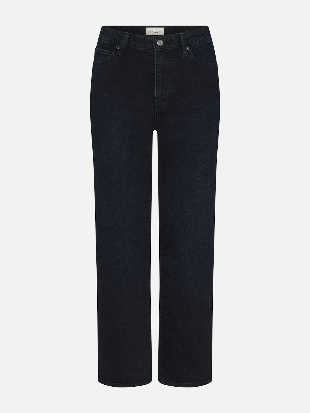 Frame The Wide - Untold jeans by Frame, featuring a dark navy indigo wash, straight-leg fit, button and zip closure, and front and back pockets, displayed against a white background.