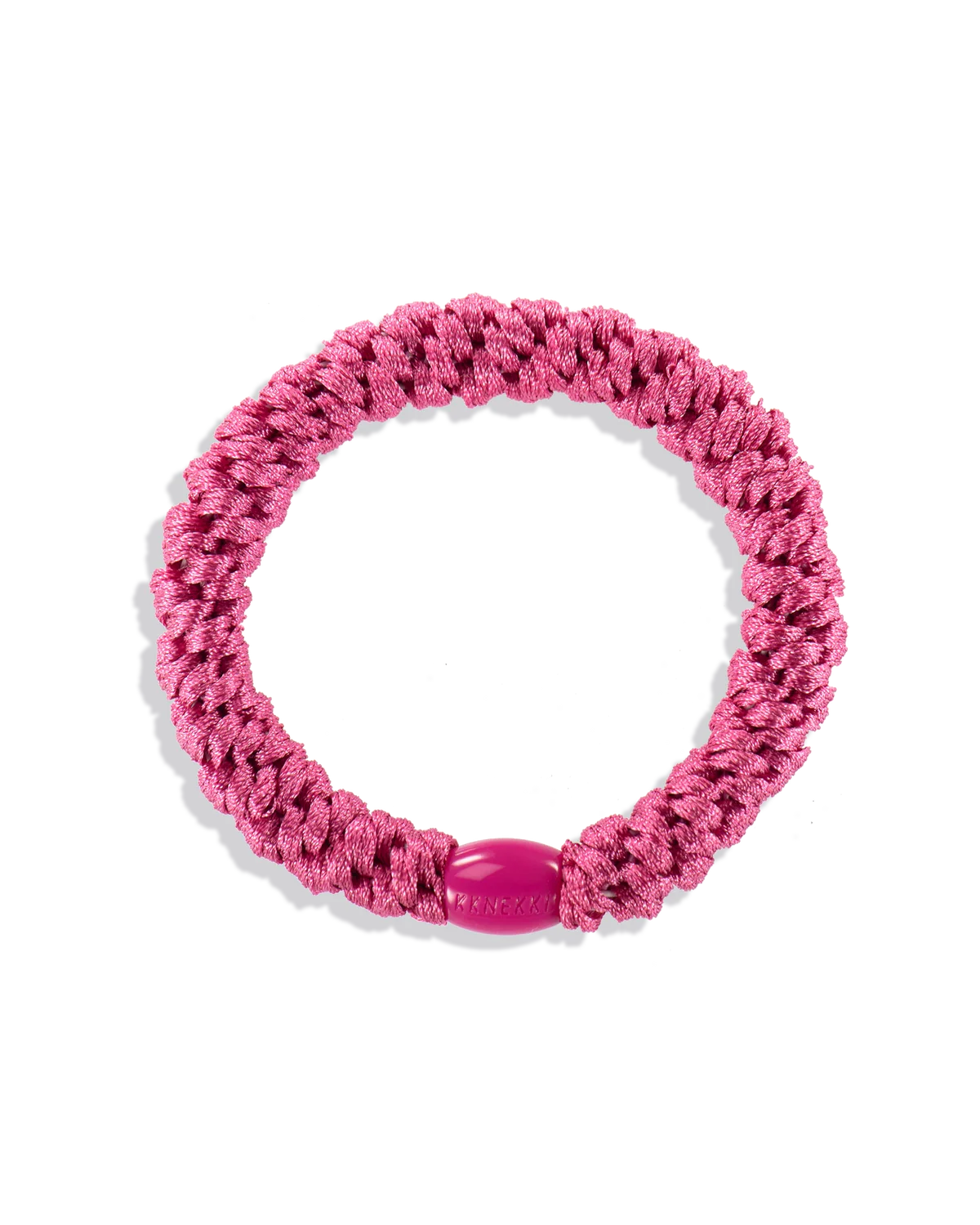 The KKNEKKI Hair Tie - Original features a pink, coiled elastic design with textured weaving, a small oval connector, and offers a gentle grip. Waterproof and durable, it’s perfect for everyday use.