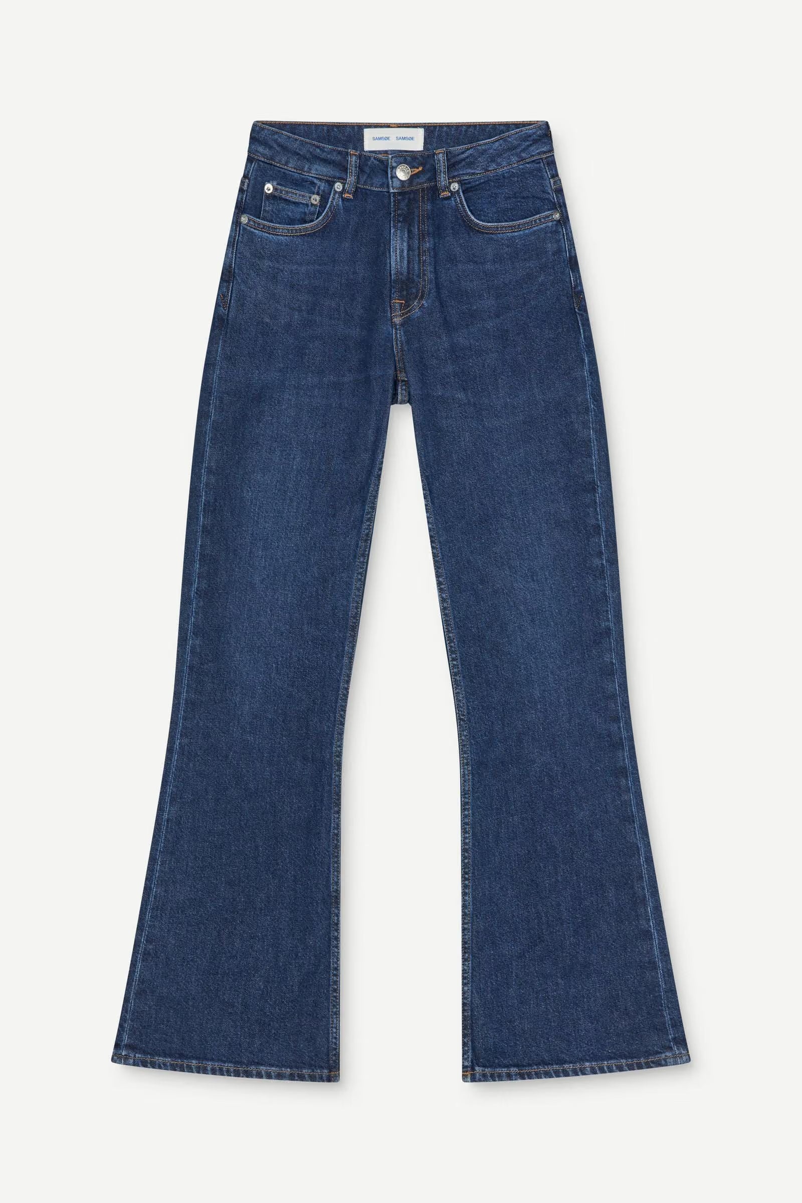 The Salella Jeans - Paris Blue by Samsøe Samsøe are mid-rise denim flare jeans featuring front and back pockets, belt loops, and a button and zip closure, shown laid flat on a white background.