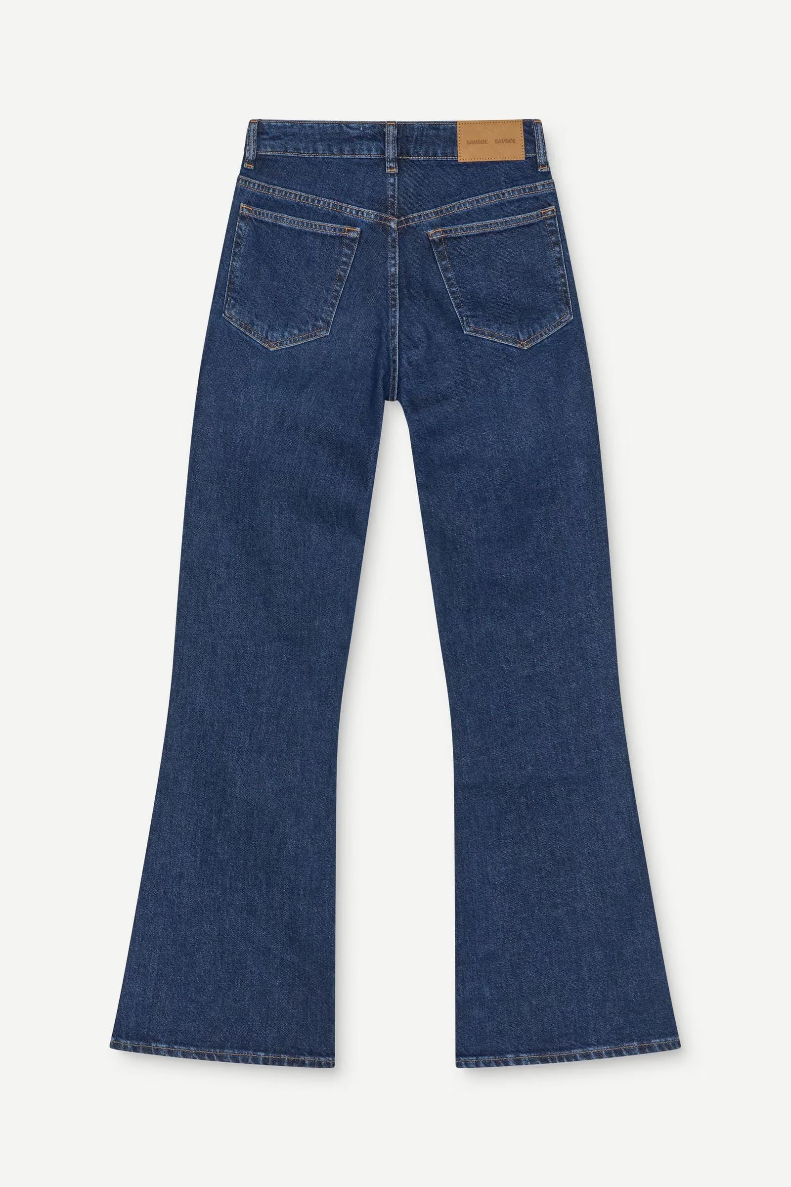The Salella Jeans - Paris Blue by Samsøe Samsøe are showcased from the back in a rich dark blue wash, featuring a mid-rise fit, flattering flared cut, two back pockets, and a tan leather patch on the waistband.
