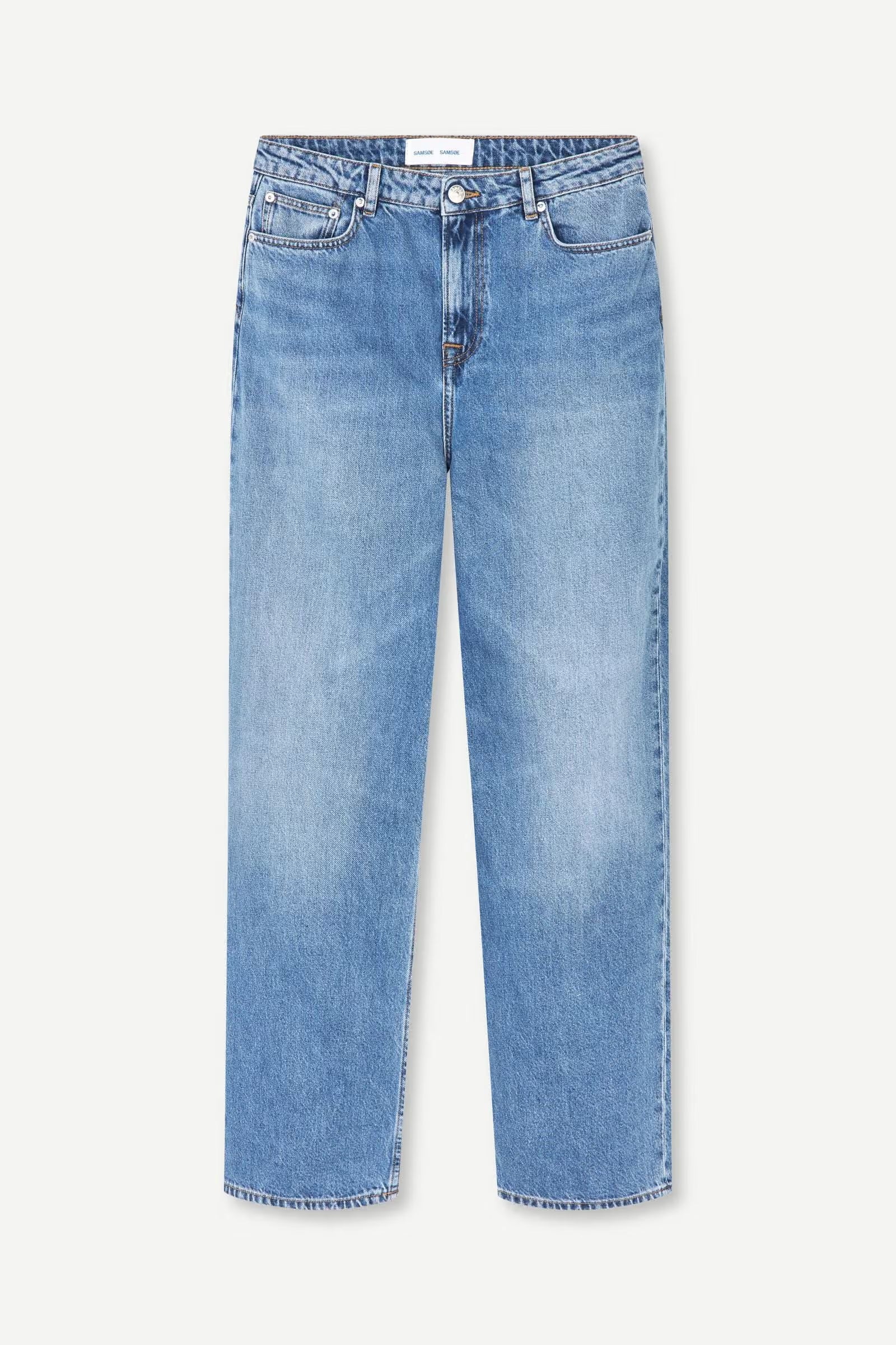Introducing the Sashelly Jeans - Retro Wash from Samsøe Samsøe: a pair of straight-leg, light blue denim jeans made from organic cotton, featuring a button and zip closure, five-pocket design, and visible stitching—regular fit jeans designed for everyday comfort.