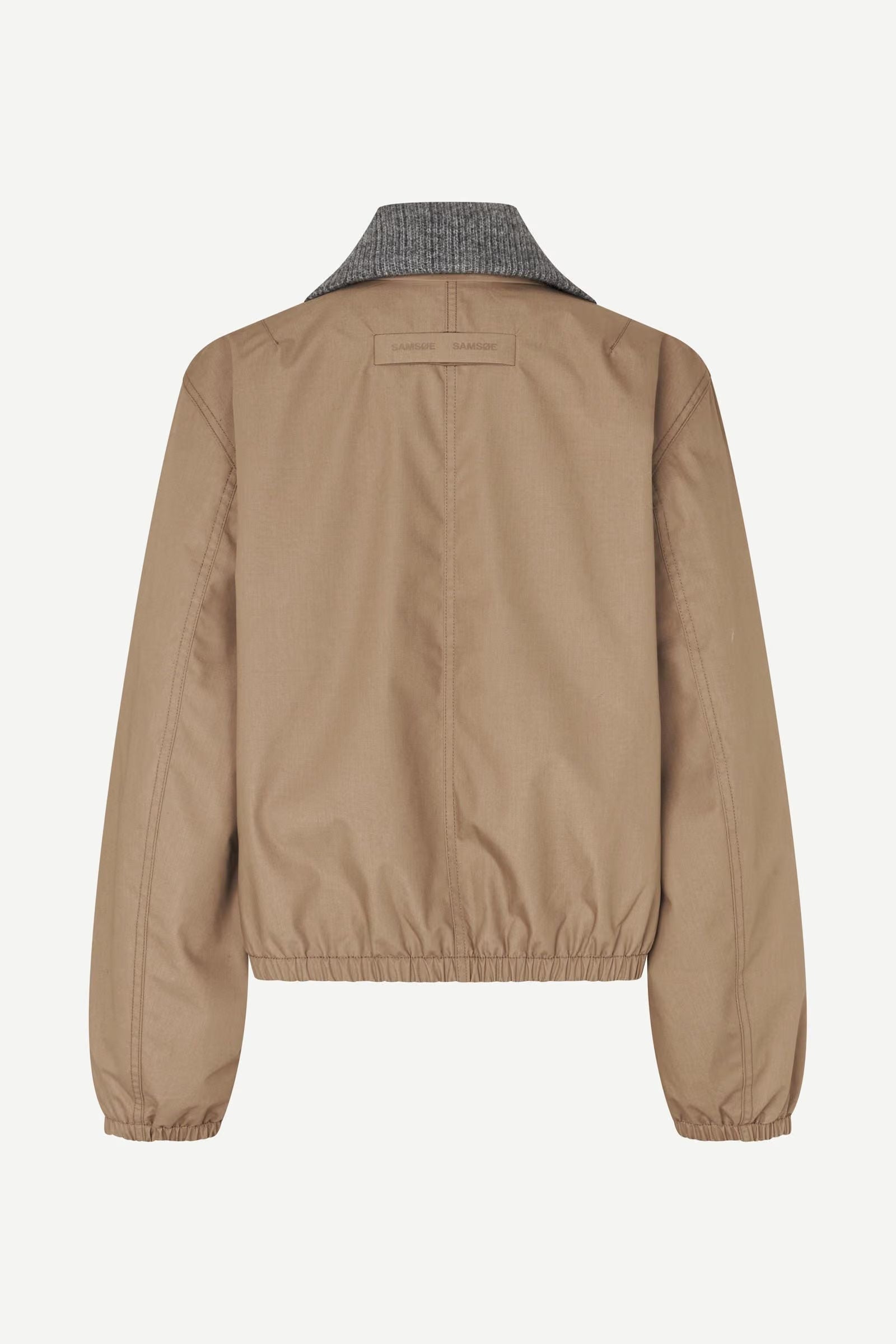 Back view of the Sabianco Jacket - Lead Grey by Samsøe Samsøe, featuring light padding, an elastic waistband, long sleeves, and a contrasting gray ribbed collar, displayed against a plain white background.