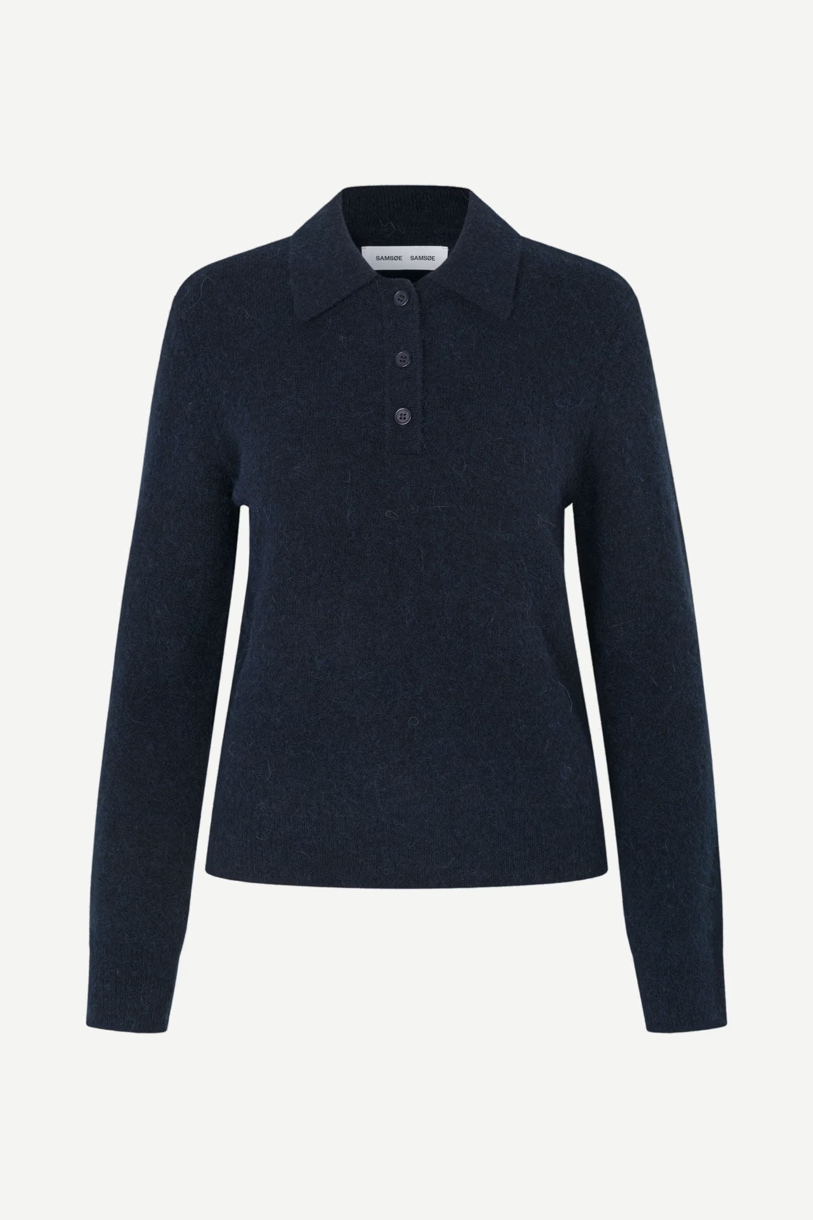 The Sanoura LS Polo – Navy by Samsøe Samsøe is a dark navy long-sleeve sweater made from a luxurious wool alpaca blend with recycled polyamide, featuring a classic polo collar and a three-button placket. It is displayed against a plain white background.