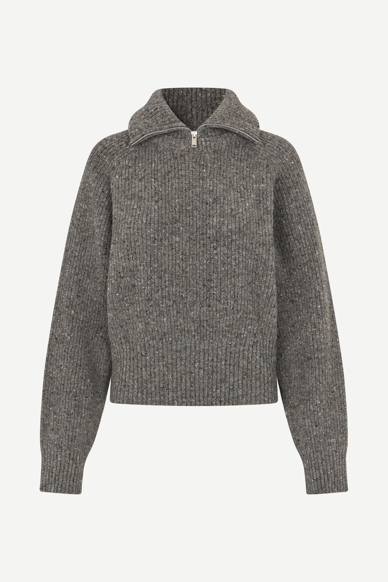 The Saamandy Turtleneck by Samsøe Samsøe in Lead Grey Melange features a rib-knit design, long sleeves, a half-zip collar, and a relaxed fit, shown against a plain white background.