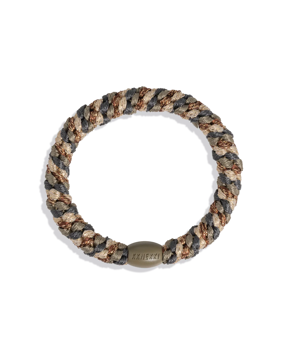 The KKNEKKI Hair Tie – Mix is a braided bracelet with gray, brown, and beige strands, featuring a rectangular metallic clasp with engraved text. Its gentle grip ensures all-day comfort, inspired by the classic KKNEKKI hair ties.