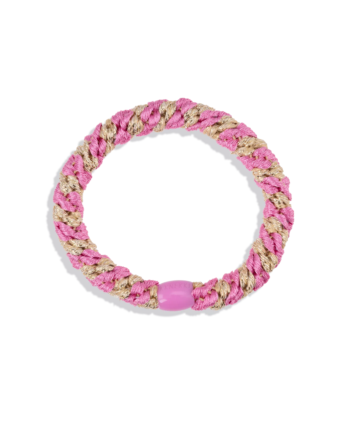 The KKNEKKI Hair Tie - Mix by KKNEKKI features pink and gold twists with a solid pink clasp, arranged in a circular shape on a white background. It provides a gentle grip and is both stylish and waterproof.