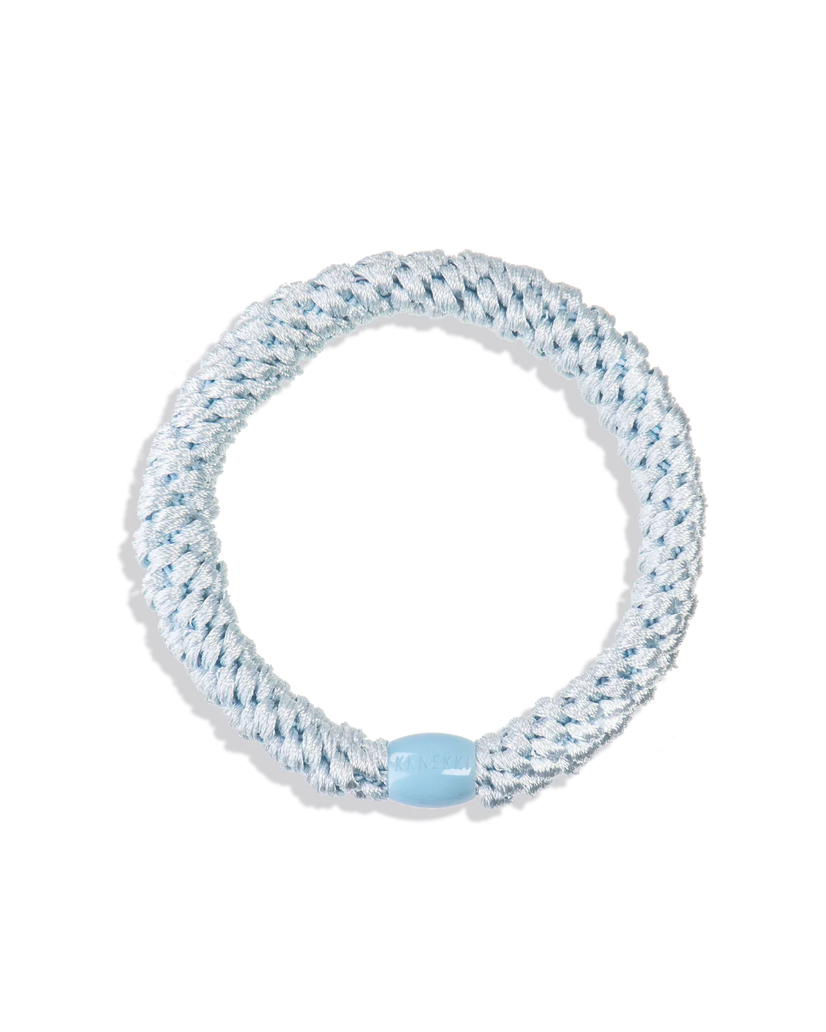 The KKNEKKI Hair Tie - Original is a light blue, twisted hair tie with a matching clasp. It offers a gentle grip, is waterproof, and is shown on a white background.