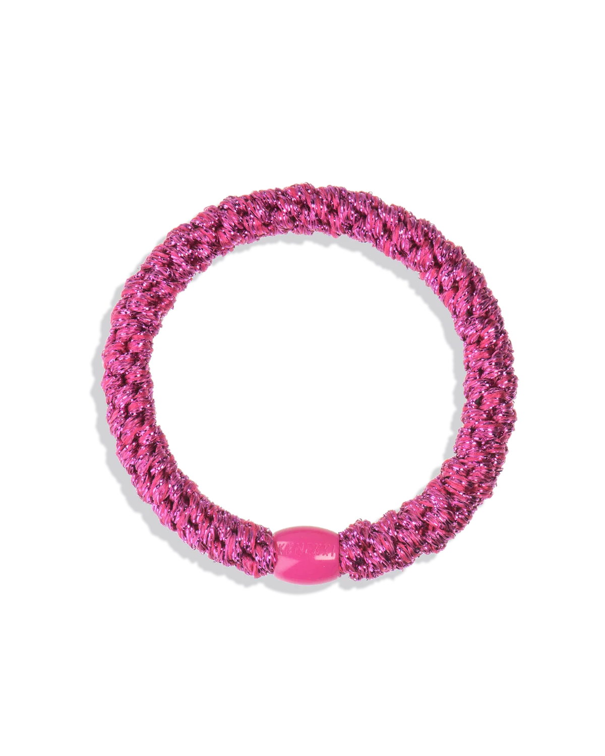 The KKNEKKI Hair Tie - Original is a round, pink glittery hair tie with a gentle grip and plastic connector, shown on a plain background.