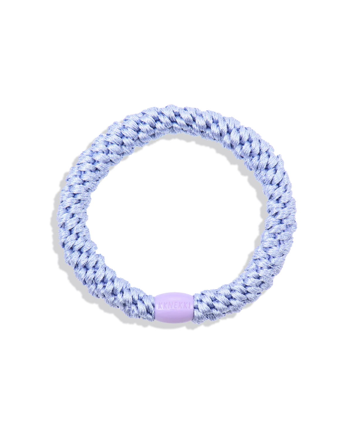 The KKNEKKI Hair Tie - Original features a round, lavender and white braid with a small lavender plastic connector, providing a gentle grip. Shown on a white background.