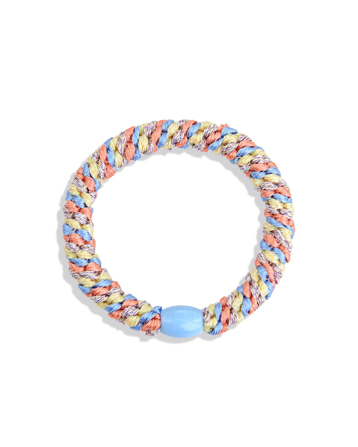 A twisted KKNEKKI Hair Tie - Mix bracelet features multicolored strands, a single light blue oval bead, and the signature gentle grip.