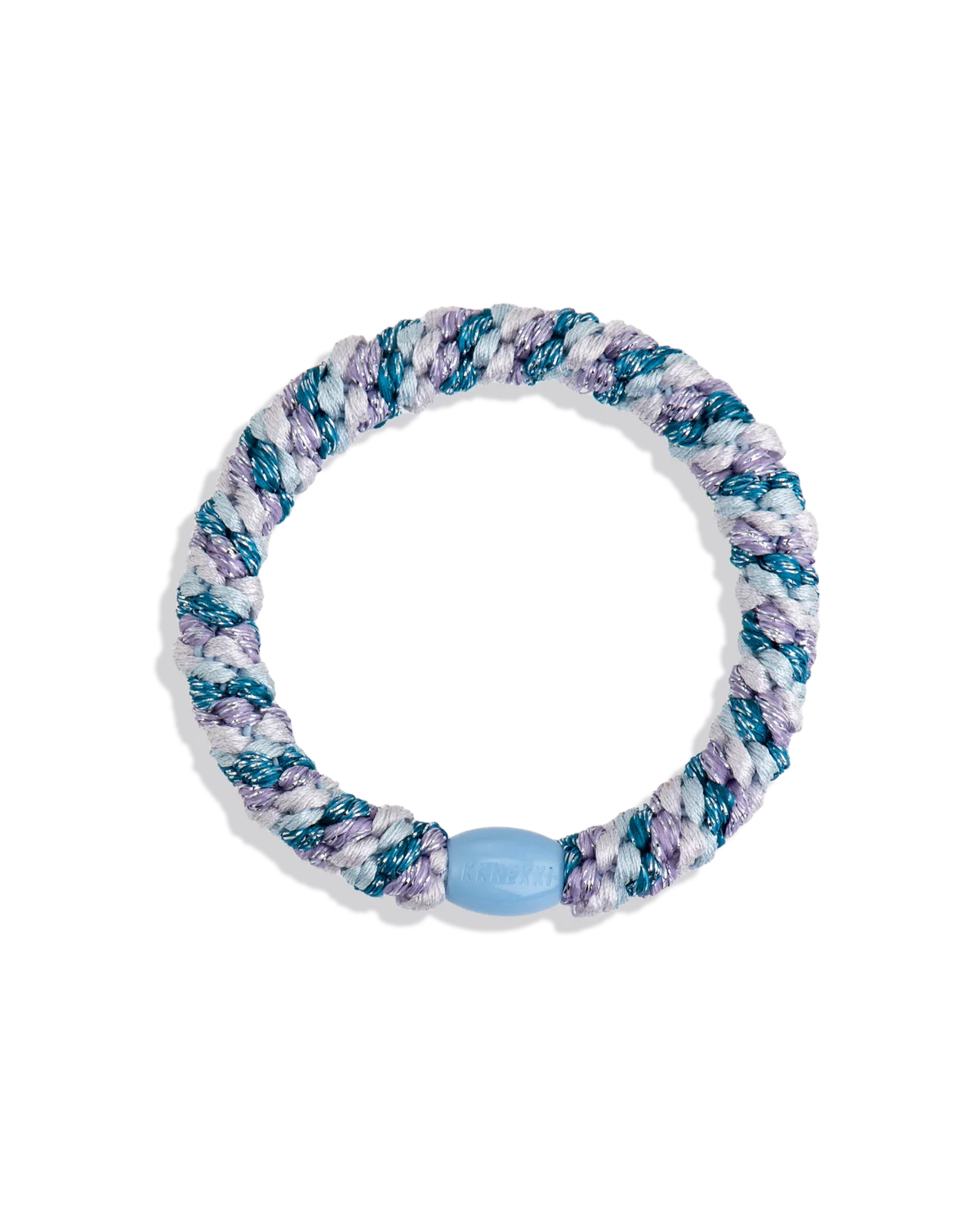 The KKNEKKI Hair Tie - Mix is a braided rope bracelet with blue, white, and green strands and a light blue cylindrical clasp, inspired by the gentle grip of KKNEKKI hair ties.