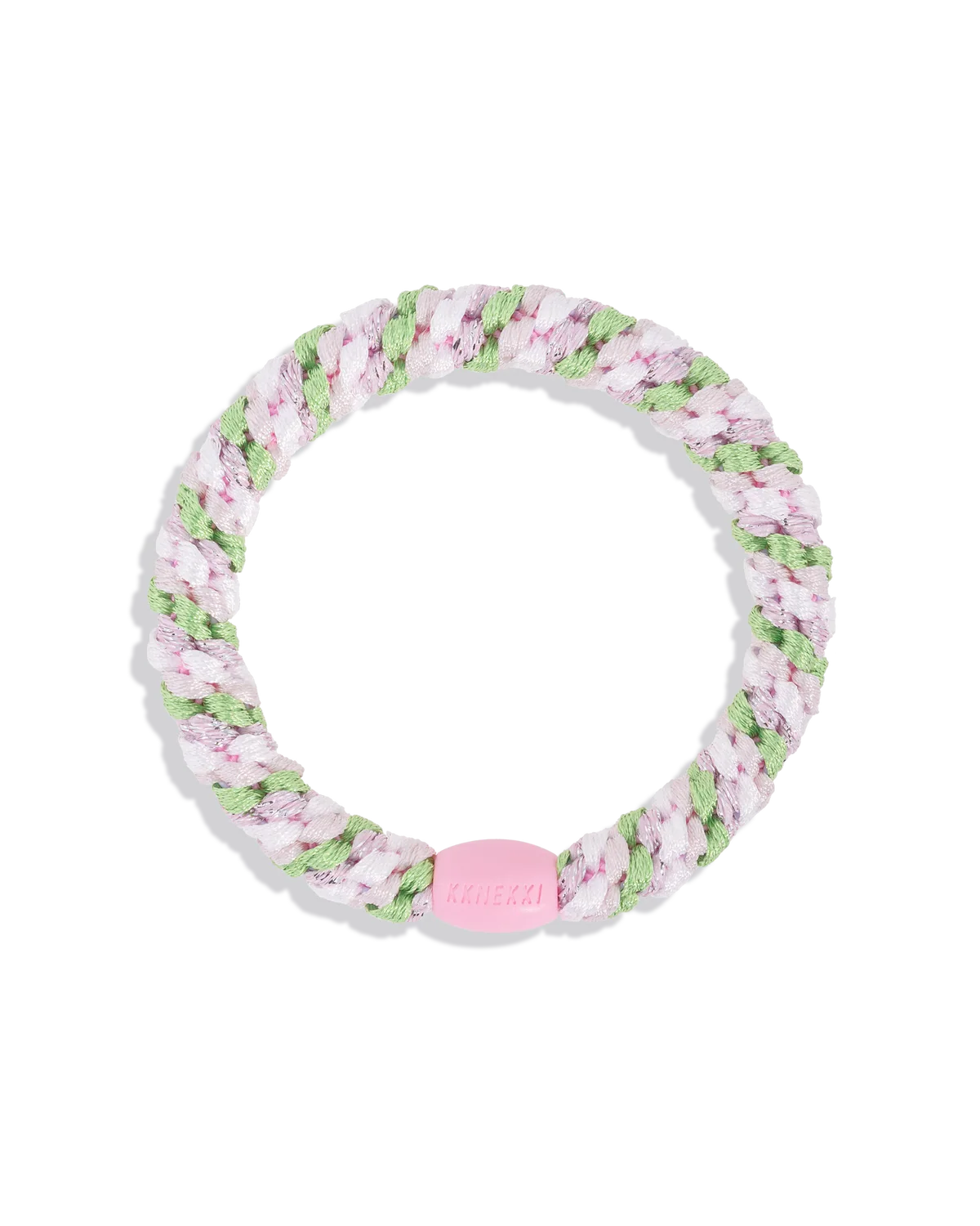 The KKNEKKI Hair Tie - Mix is a braided elastic hair tie with pink, green, and white strands, featuring a gentle grip and shown on a plain white background.