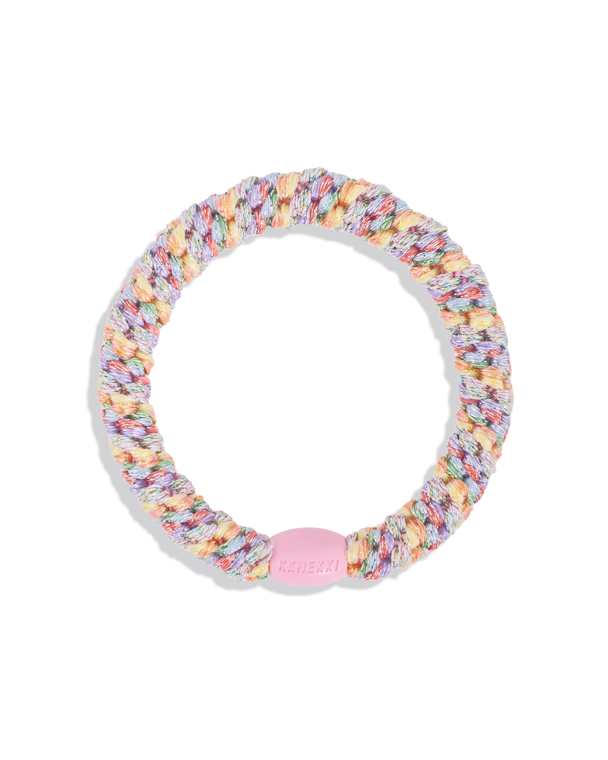 The KKNEKKI Hair Tie - Mix features a multicolored braided design, a gentle grip, and a pink oval connector with the brand name. Waterproof, stylish, and functional—ideal for everyday wear.