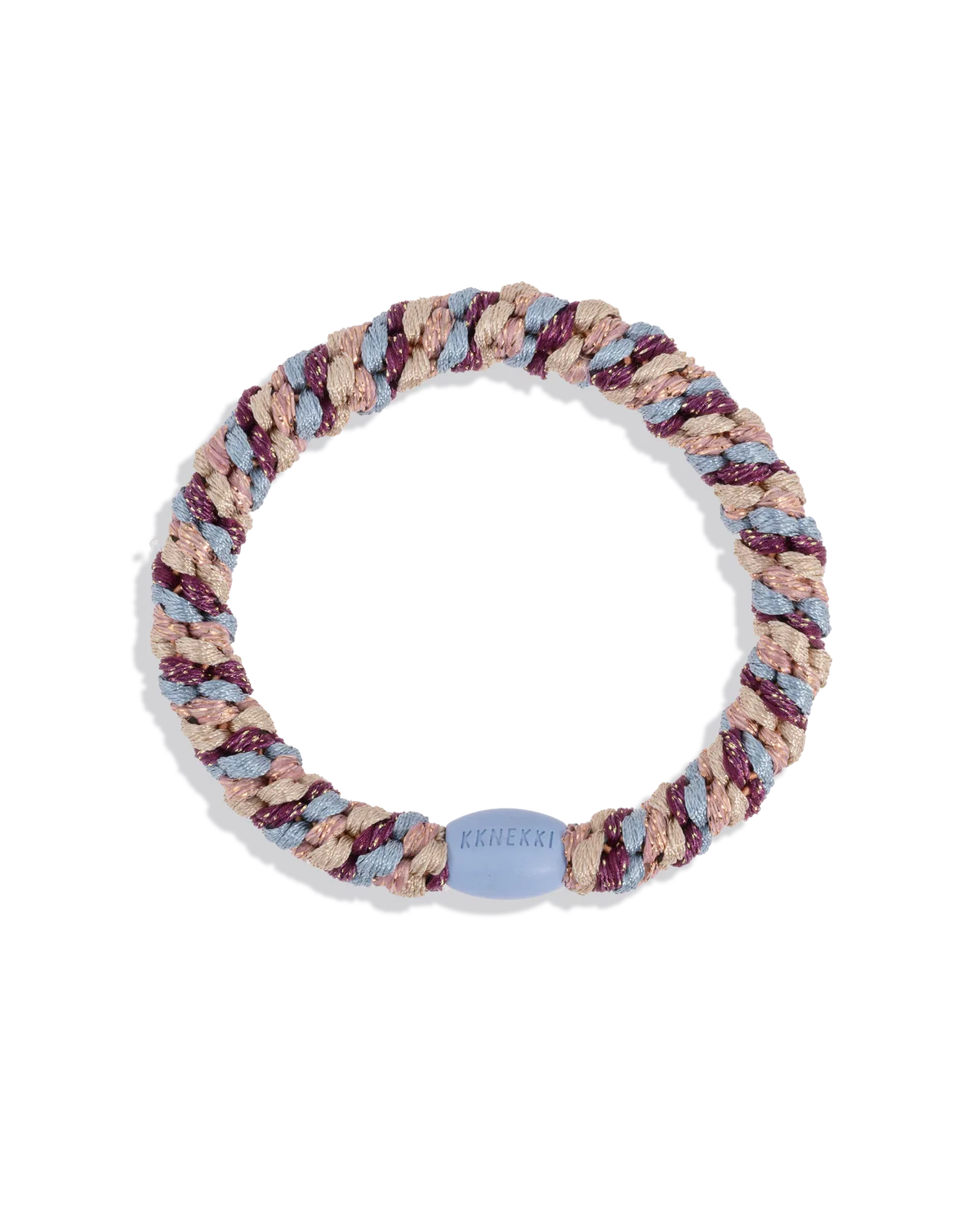 The KKNEKKI Hair Tie - Mix features beige, maroon, and blue braided strands with a signature tag. Known for gentle grip and waterproof design, it's perfect for everyday use.