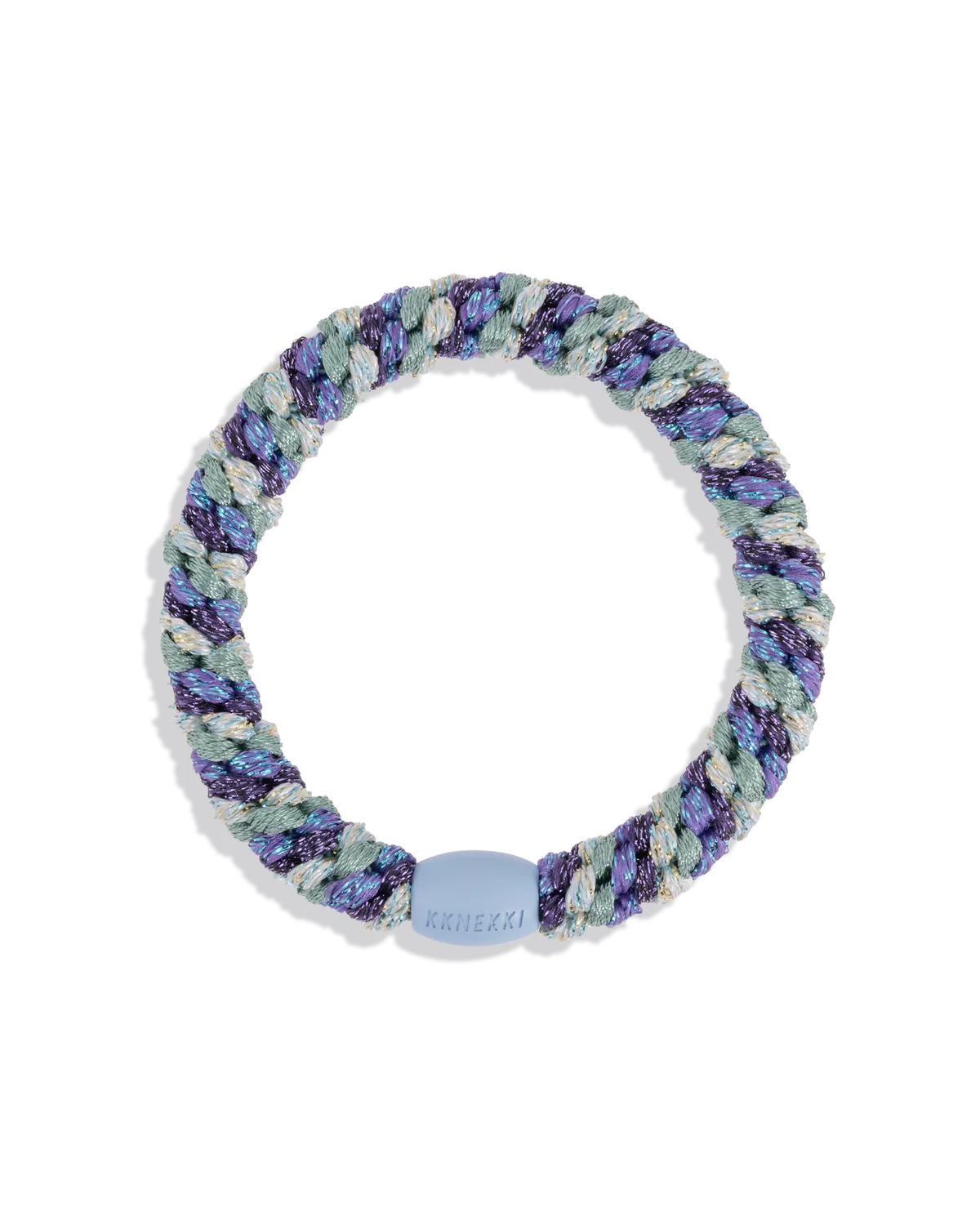 The KKNEKKI Hair Tie - Mix is a multicolored, metallic-sheen elastic hair tie offering gentle grip and finished with a small rectangular "Kknekki" tag.