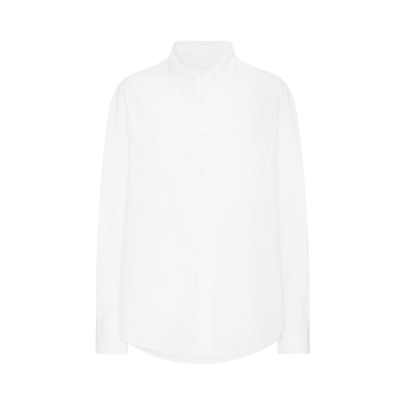 White oversized womens cotton shirt against a white backdrop 