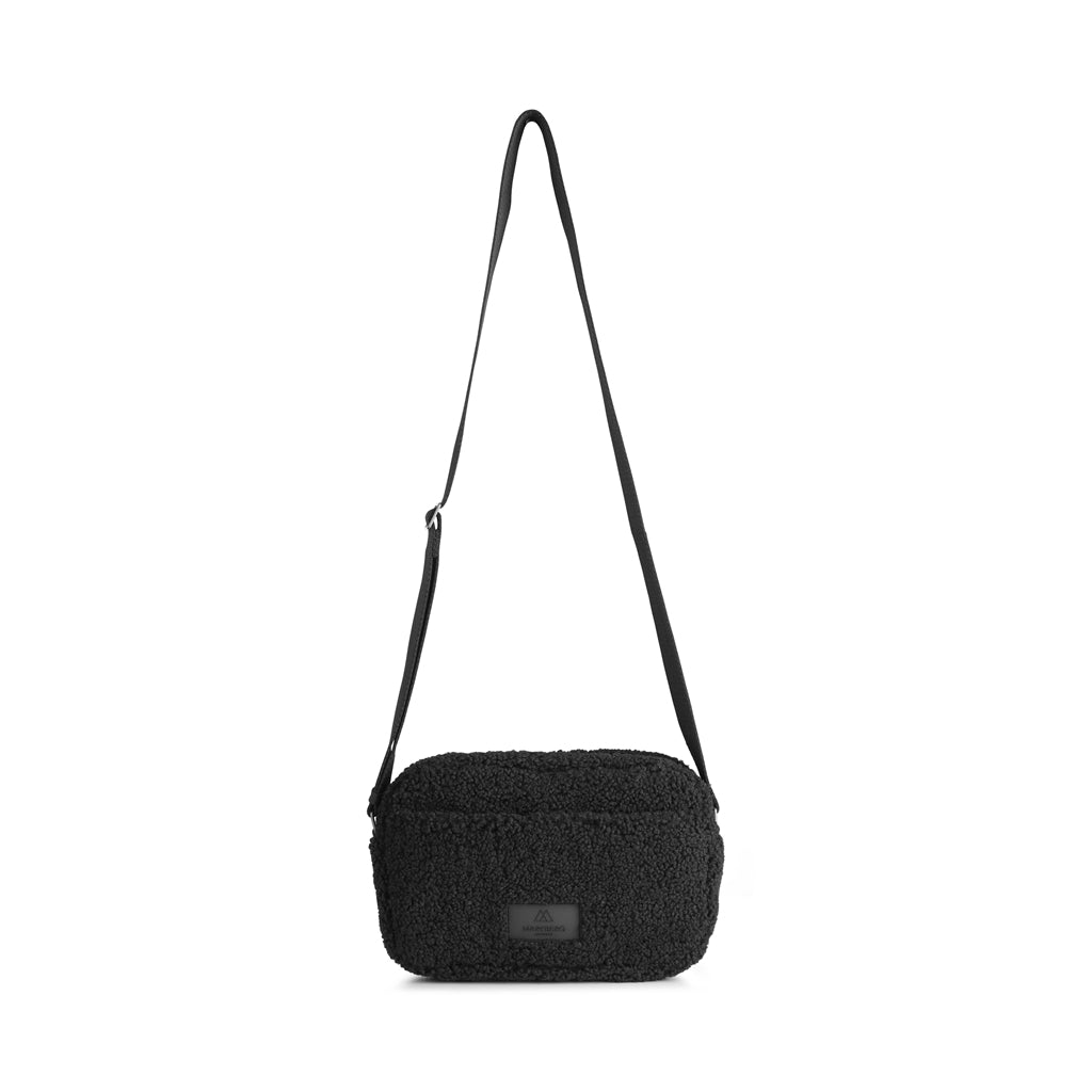 A sustainable Markberg black cross body bag made from recycled plastic with a strap, called the Alexis MBG Crossbody Bag.