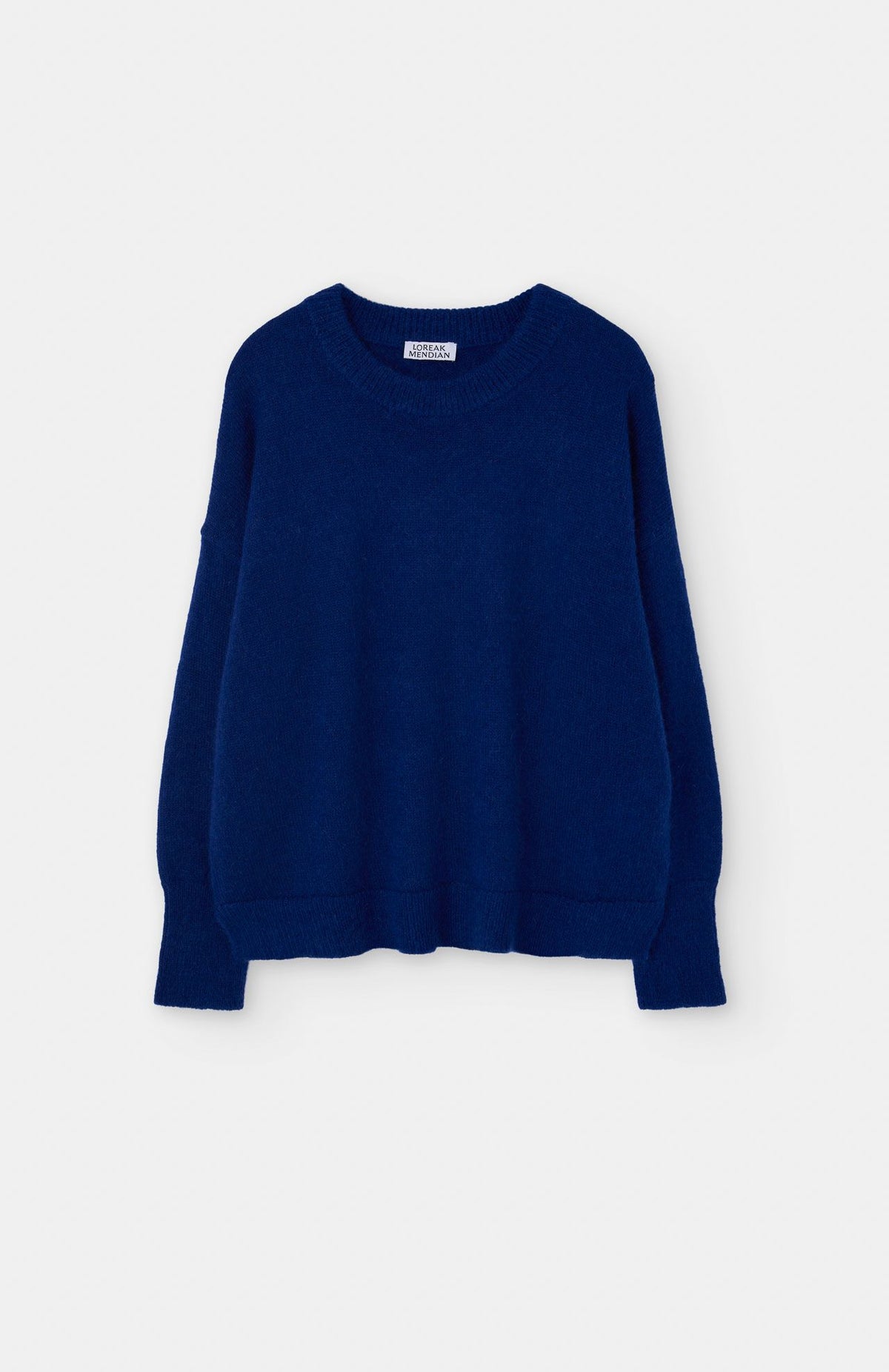 Loreak Mendian Geroa Jumper in navy blue ECO Merino wool with a crewneck, long sleeves, and ribbed trim.