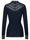 product shot of a navy ribbed long sleeved top with nave neckline and cuffs, back view 