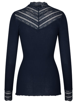 product shot of a navy ribbed long sleeved top with nave neckline and cuffs, back view 