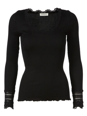 product shot of Rosemunde long sleeved black ribbed top wit lace trims, back view