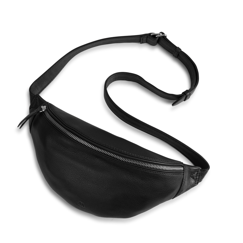 black leather crossbody bum bag with strap
