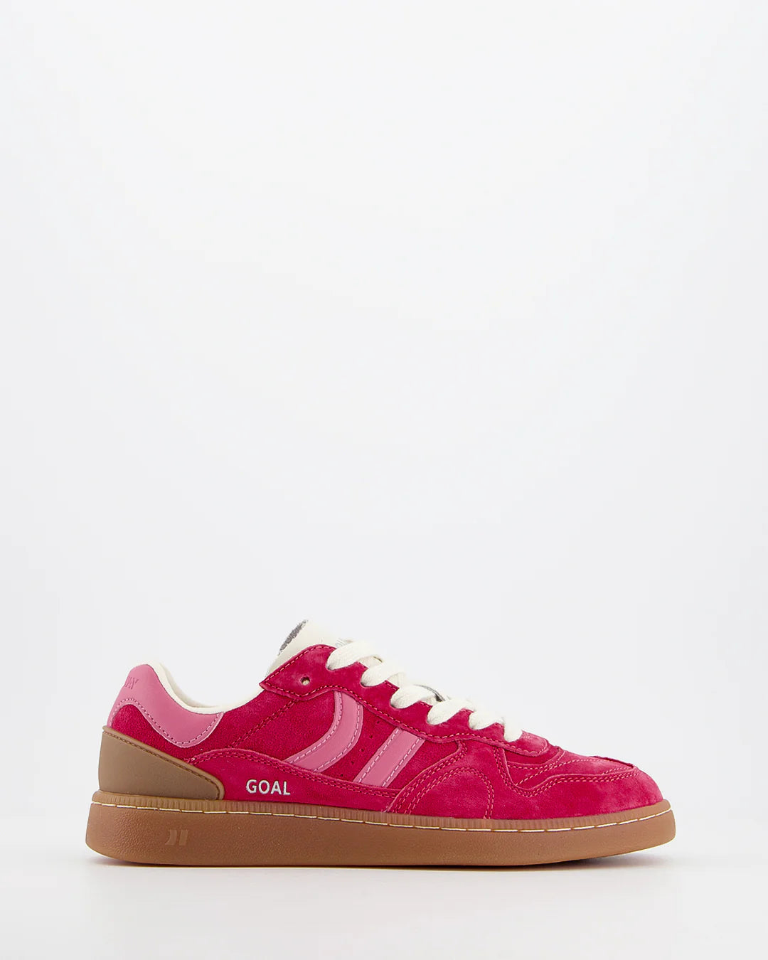 The Coolway Goal Sneakers - Red Love feature pink suede leather, white laces, pink stripes, a gum sole, and "GOAL" on the side—retro trainers style against a white background.