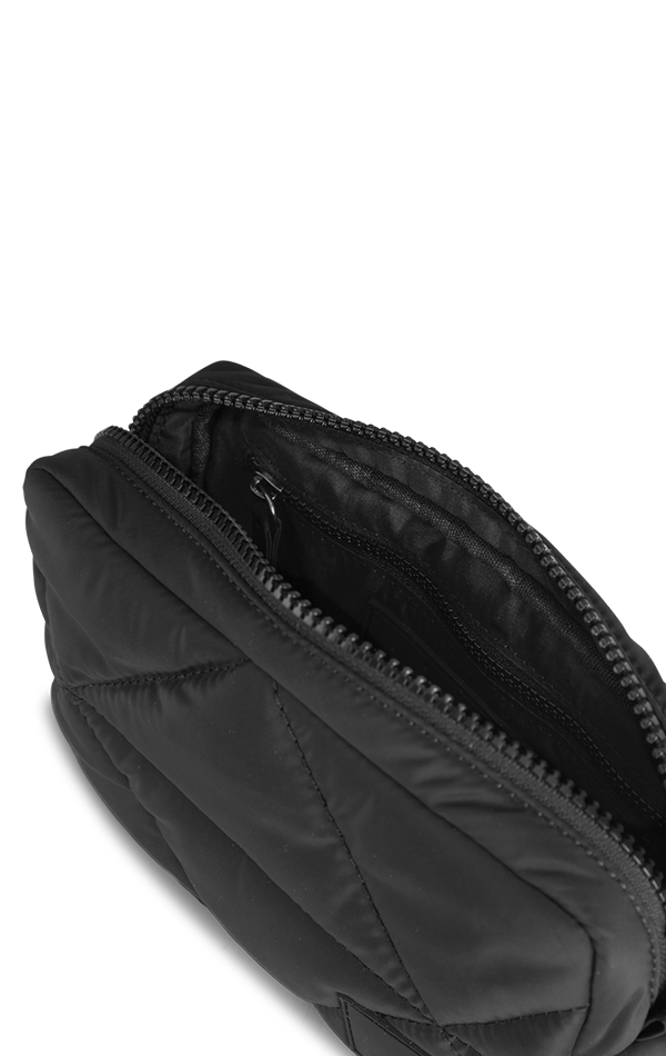 A vegan Markberg black waist bag made from water-repellent recycled plastic, featuring a zipper.