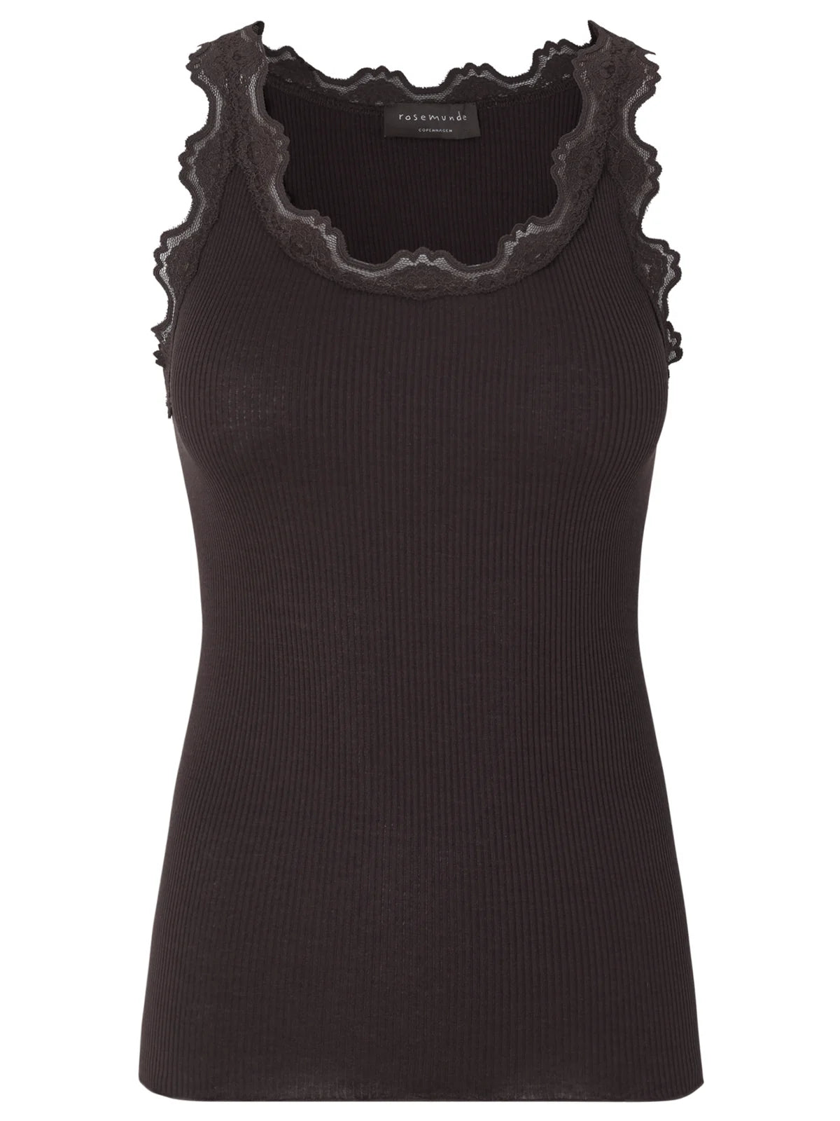 Rosemunde Silk Lace Benita U-Neck Sleeveless Top in black, featuring a ribbed silk-cotton blend and a scalloped lace-trimmed neckline, shown on a plain white background.