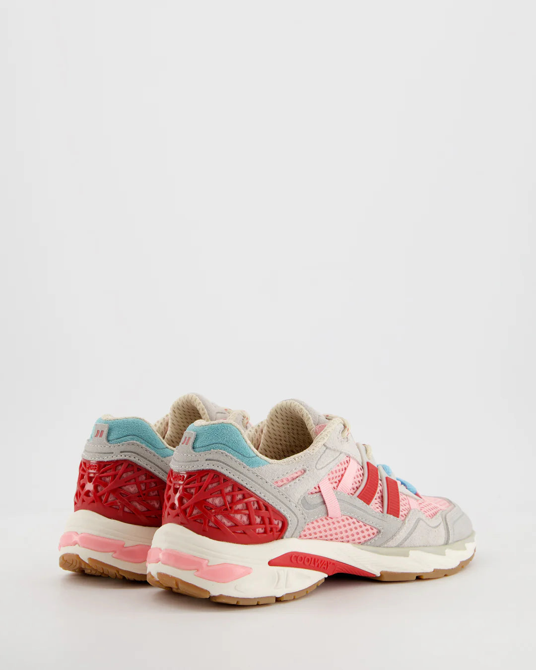 A pair of Coolway 2003 Sneakers - Pink Volt, featuring pink, red, blue, and beige accents, shown from the back and side on a plain white background.