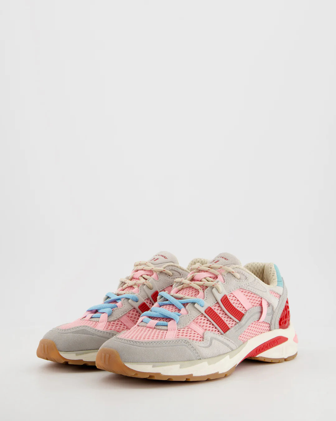 Coolway 2003 Sneakers - Pink Volt feature light gray, pink, and red mesh and suede uppers, blue and pink laces, and tan rubber soles. Shown against a plain white background.