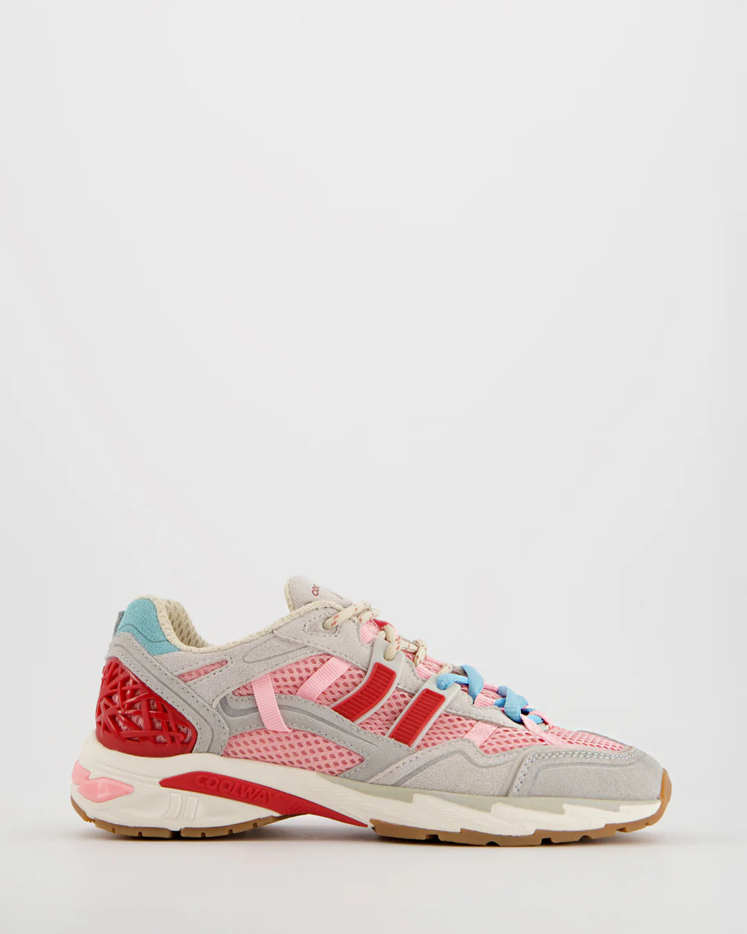 The Coolway 2003 Sneakers - Pink Volt feature beige, pink, and red tones with blue laces, mesh panels, suede accents, a textured heel, and are shown on a white background—stylish and comfortable footwear.