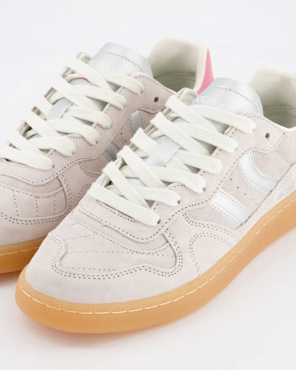 The Coolway Goal Sneakers - Ice Silver feature light beige suede, white laces, silver accents, and gum rubber soles, showcased on a white background for a classic retro trainers vibe.