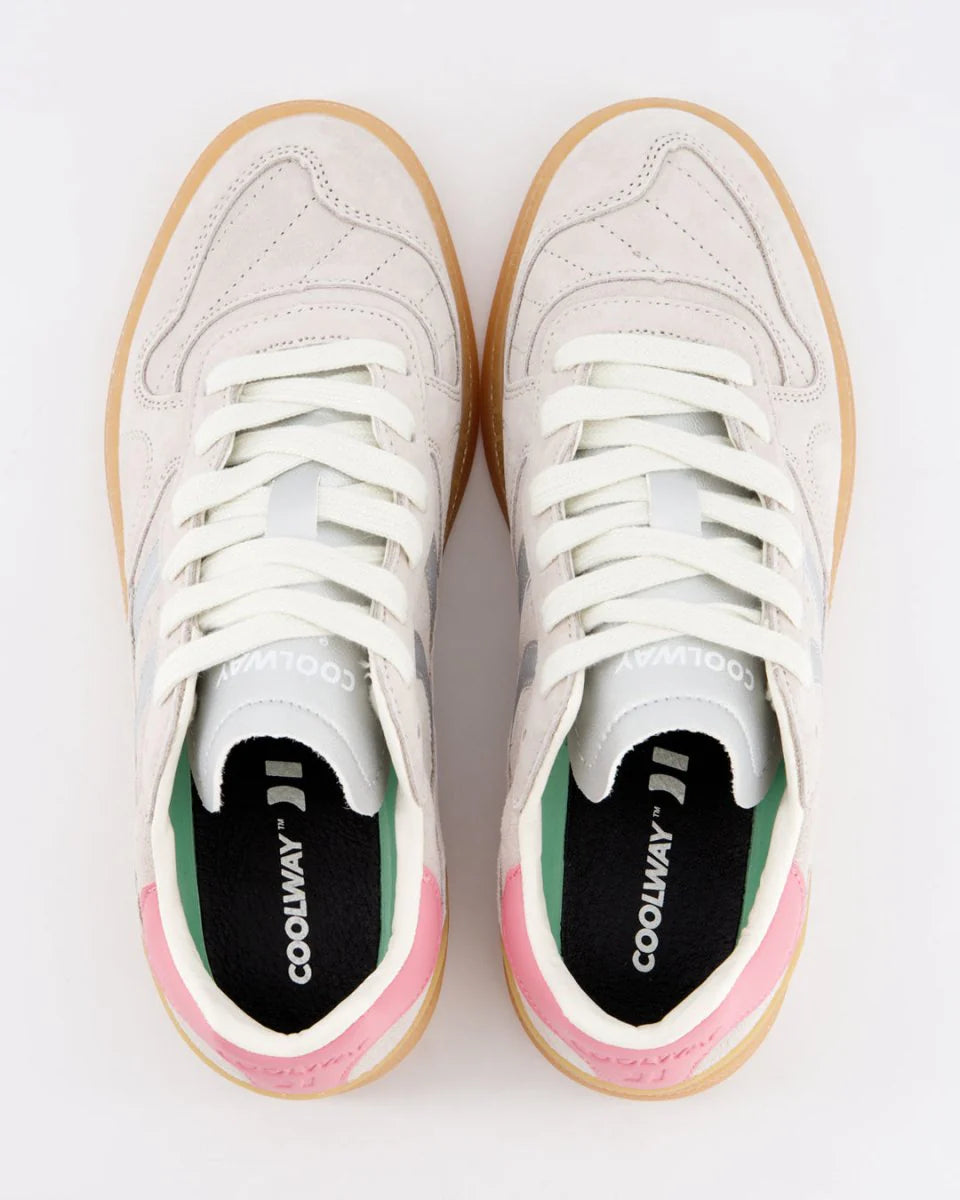 Coolway Goal Sneakers in Ice Silver feature gum soles, white laces, black "COOLWAY" insoles, and pink heel accents—retro-inspired sneakers offering stylish appeal from an overhead view.