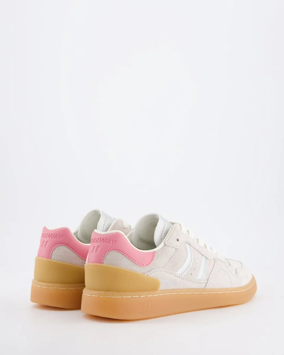 A pair of Coolway Goal Sneakers - Ice Silver, white low-top suede shoes with gum soles, pink heel tabs, and light tan accents, are displayed on a plain white background.