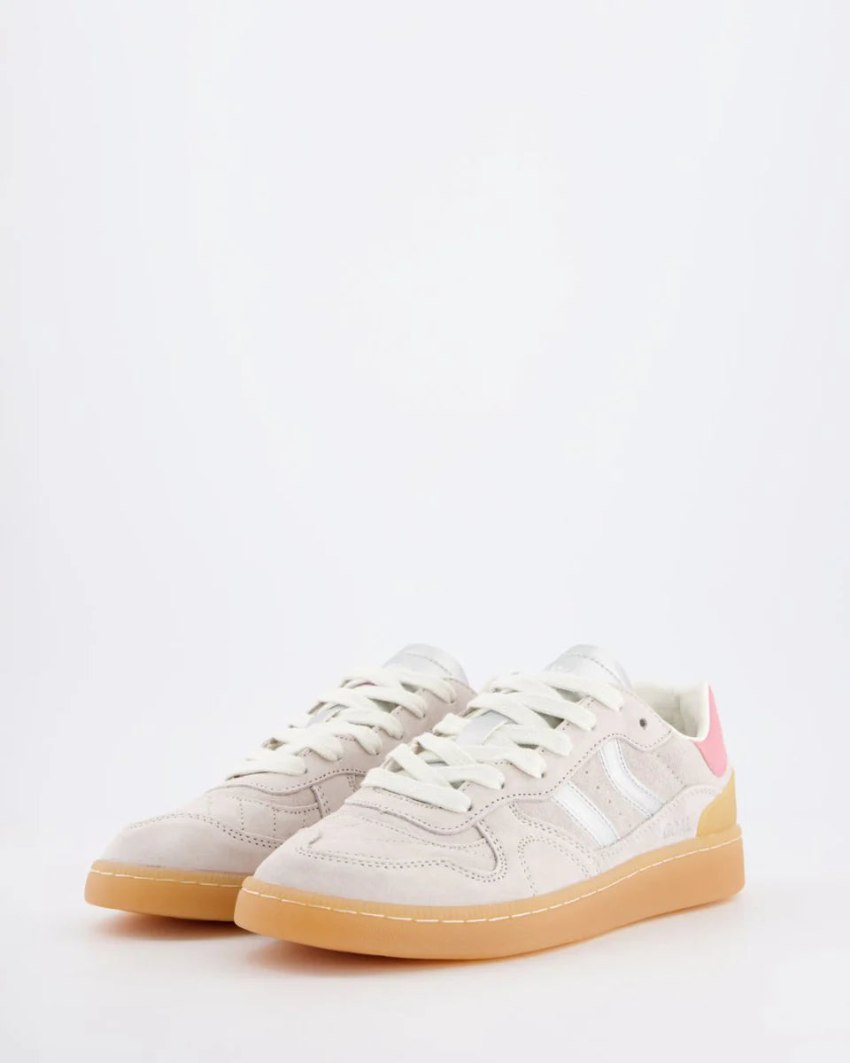 A pair of Coolway Goal Sneakers - Ice Silver, featuring beige suede uppers, white laces and side stripes, gum soles, and a pink heel accent shown on a plain white background.