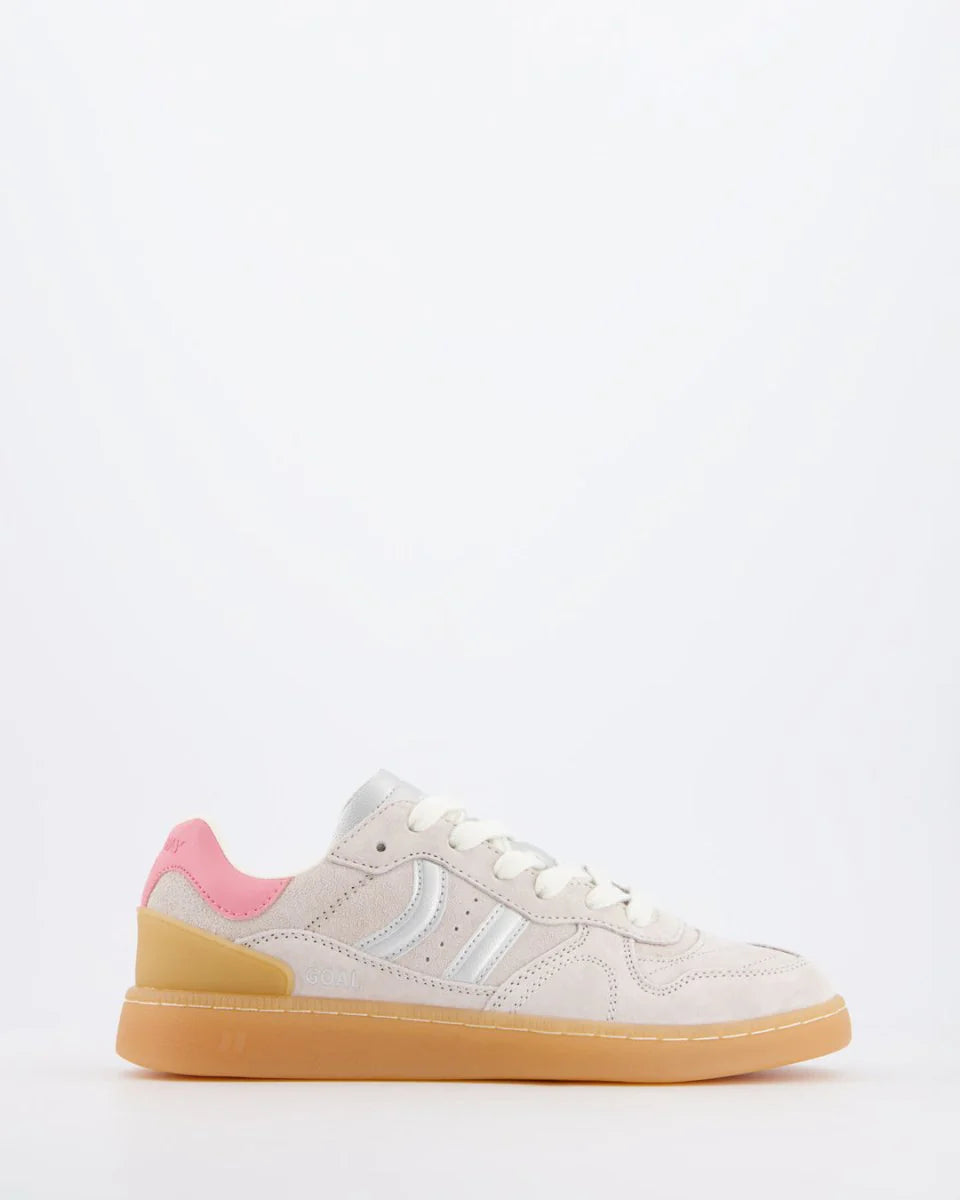 The Coolway Goal Sneakers - Ice Silver feature white suede, light gray accents, a pink heel detail, tan heel tab, and a gum sole in classic retro style, shown side view on a plain white background—ideal for vintage sneaker fans.